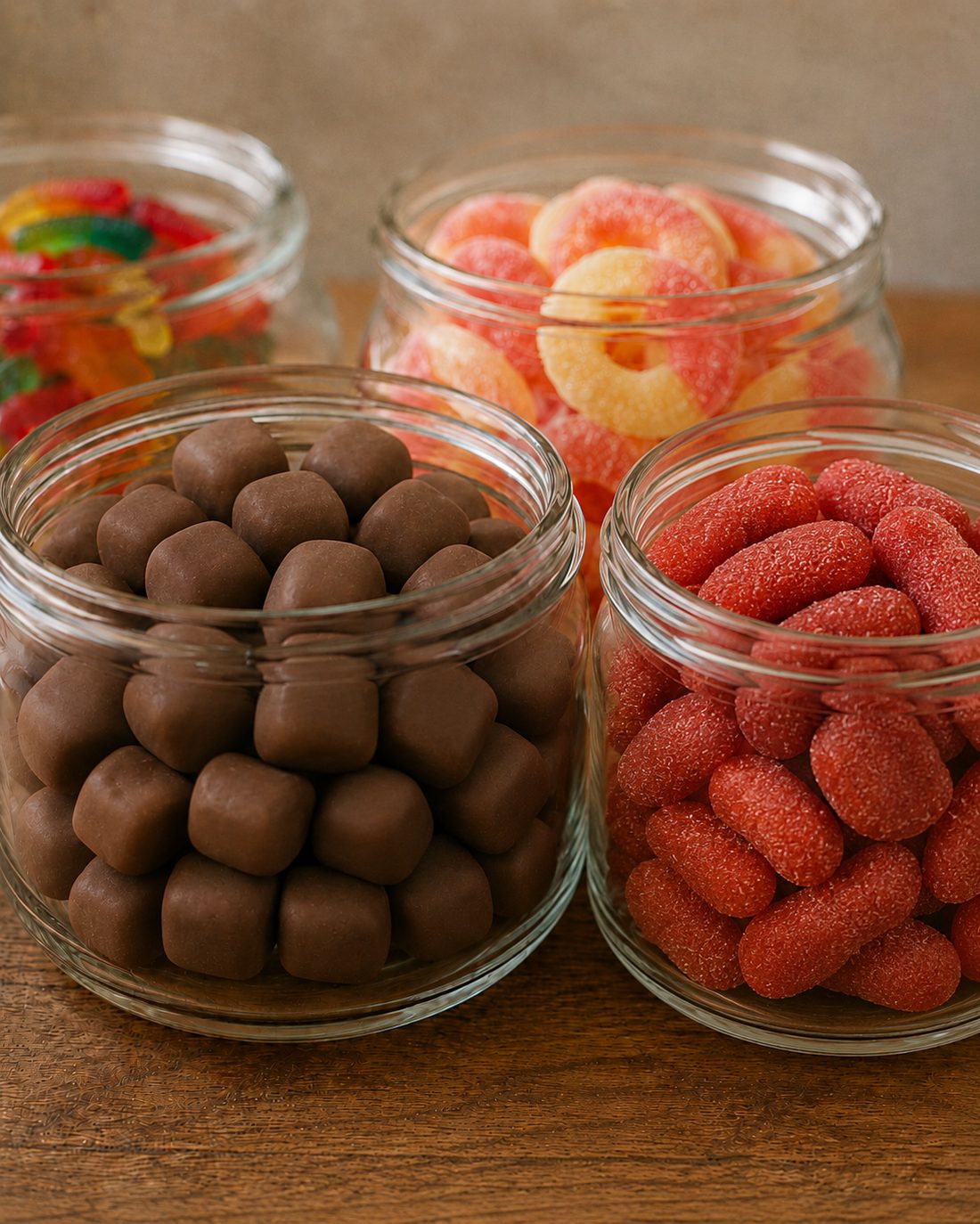 Mesa de dulces de Haru Taste — frascos con chocolates, aros ácidos de durazno, gomitas y fresas